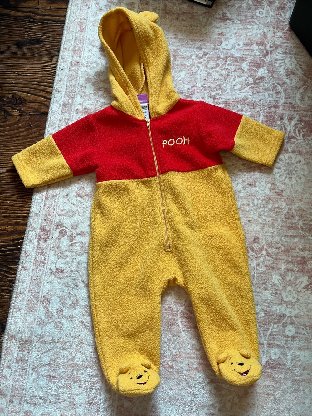 Vintage Disney Pooh Yellow & Red Fleece Hooded One-Piece for Kids